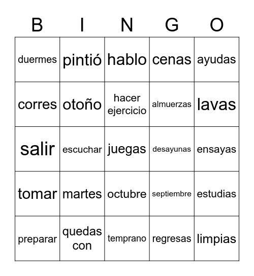 Vocabulario de Unidad 3 Bingo Card