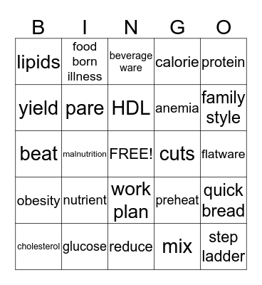 food bingo Card