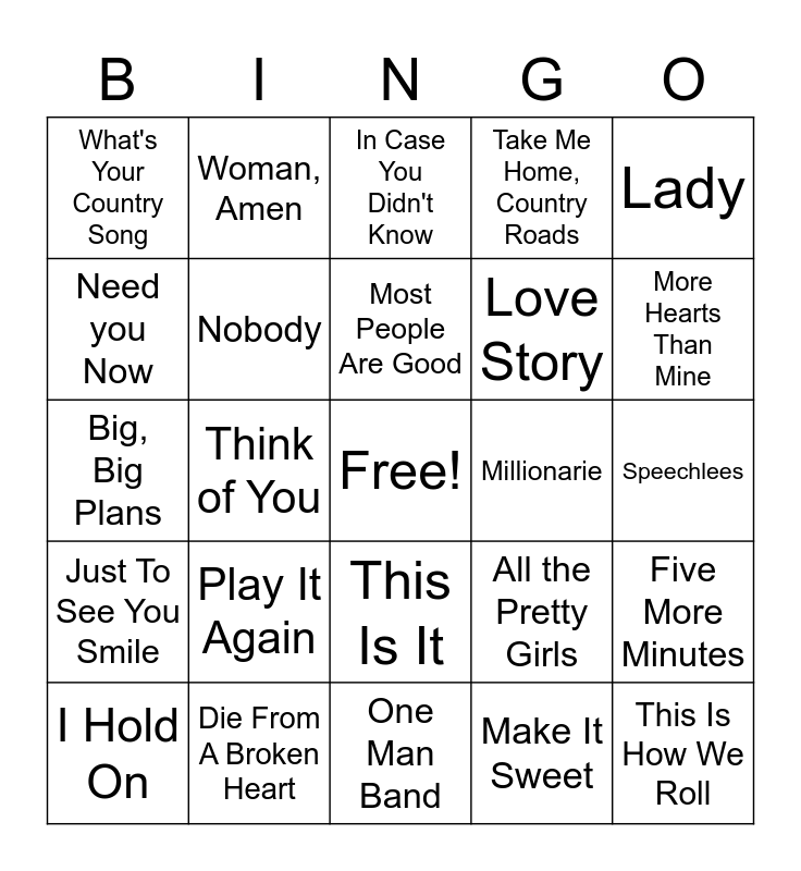 Country Playlist Bingo Card