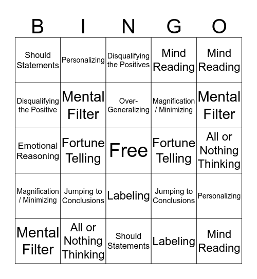 Stinkin' Thinkin' Bingo Card