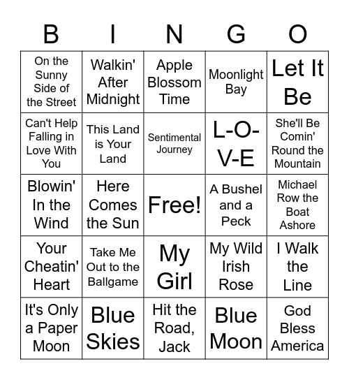 Name That Tune Bingo Card