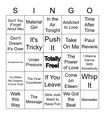 80's Hits Bingo Card