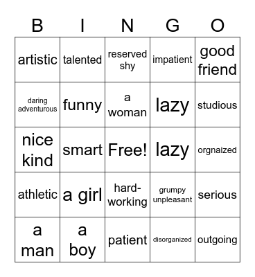 Personality Bingo Card