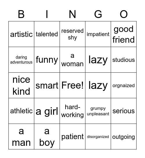 Personality Bingo Card
