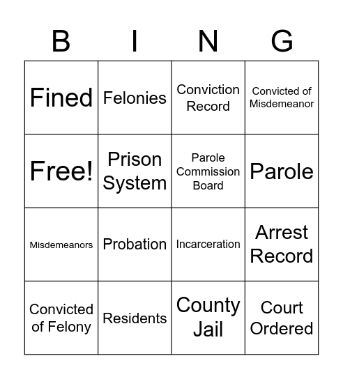 Justice Involved Terminology Bingo Card