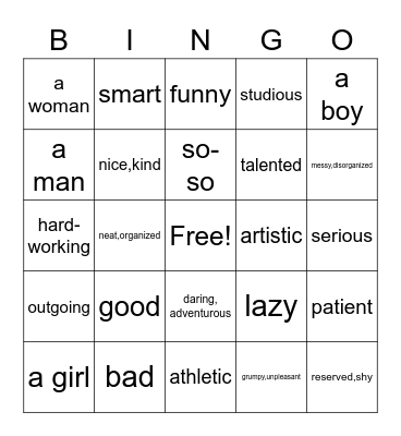 Personality Unit Vocab. Bingo Card