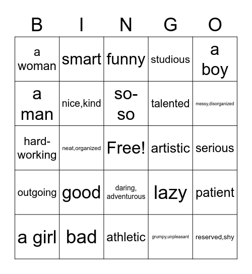 Personality Unit Vocab. Bingo Card