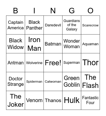 Superhero  Bingo Card