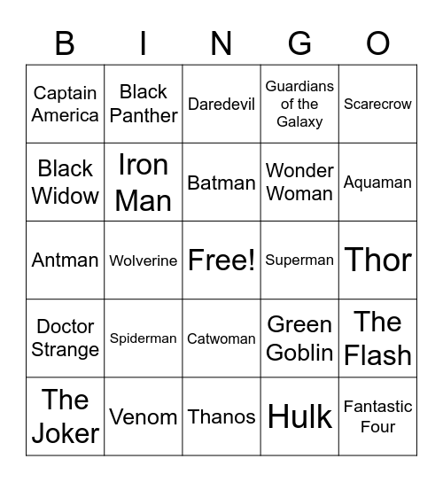 Superhero  Bingo Card