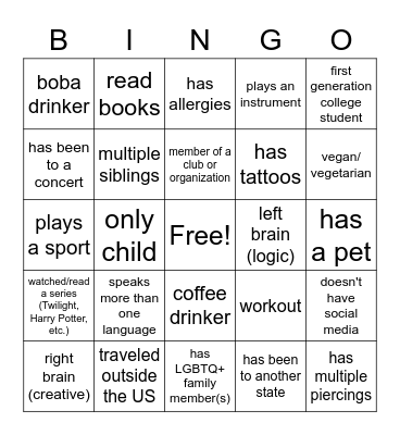 Get to know each other Bingo Card