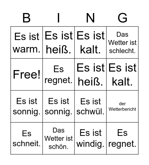 Das Wetter Deutsch 1 Bingo Card