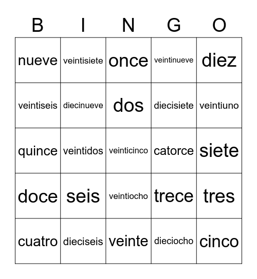 Numbers-Numero Bingo Card