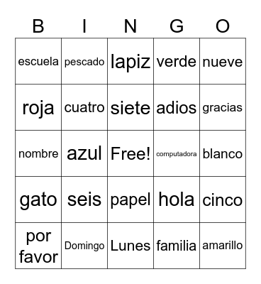 Easy Spanish Words Bingo Card