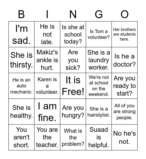 verb:  to be Bingo Card