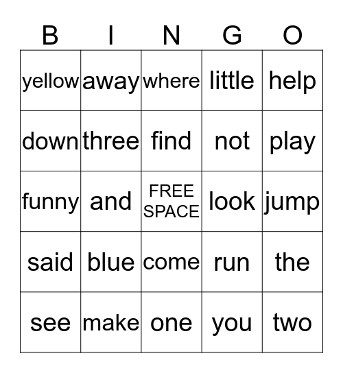 Preprimer Word List Bingo Card
