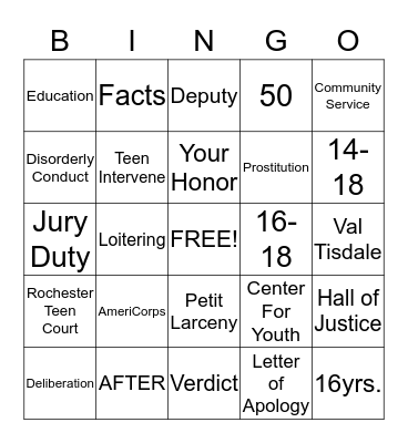 Teen Court Bingo Card