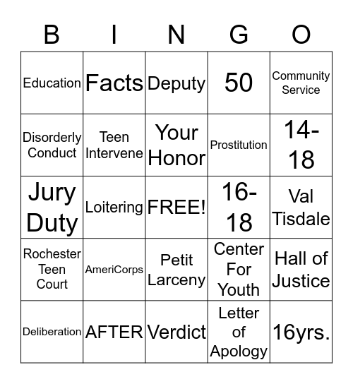 Teen Court Bingo Card