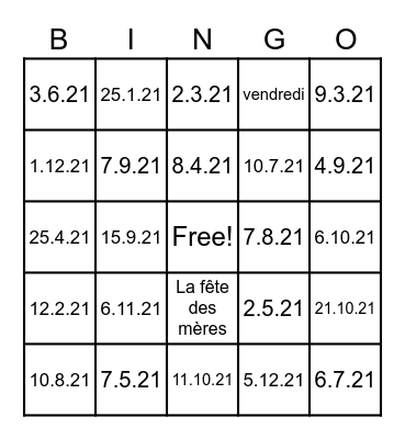 French dates Bingo! Bingo Card