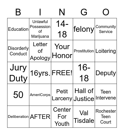 Teen Court Bingo Card