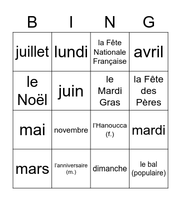 Les Fêtes Bingo Card