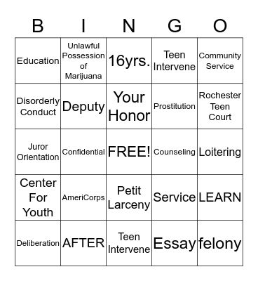 Teen Court Bingo Card