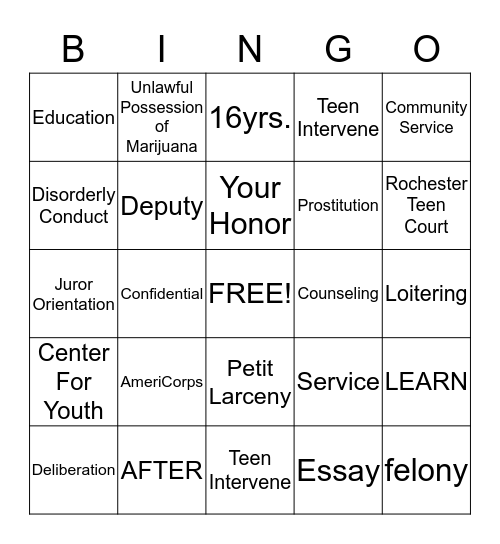 Teen Court Bingo Card