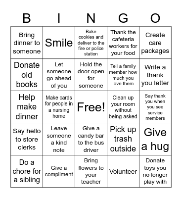 Simple Acts of Kindness Ideas Bingo Card
