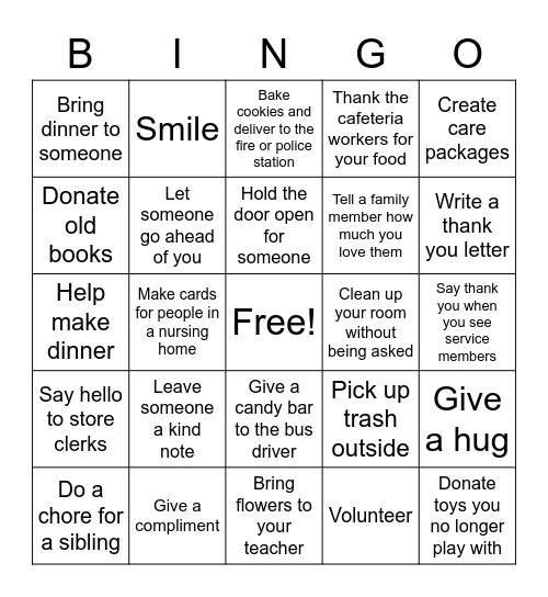 Simple Acts of Kindness Ideas Bingo Card