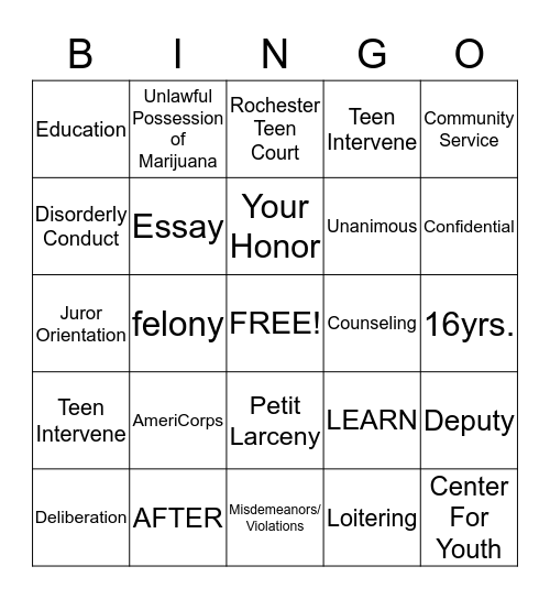 Teen Court Bingo Card