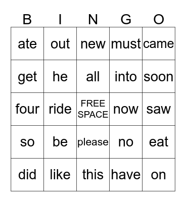 Primer Word List Bingo Card