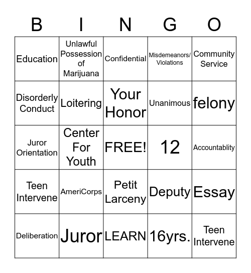 Teen Court Bingo Card