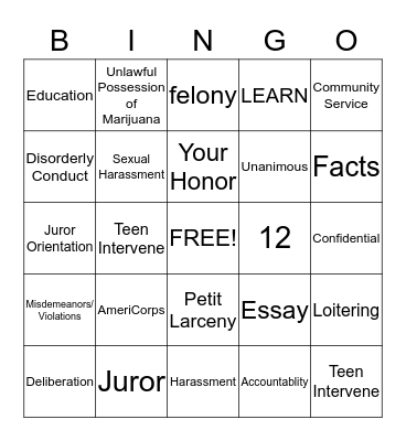 Teen Court Bingo Card