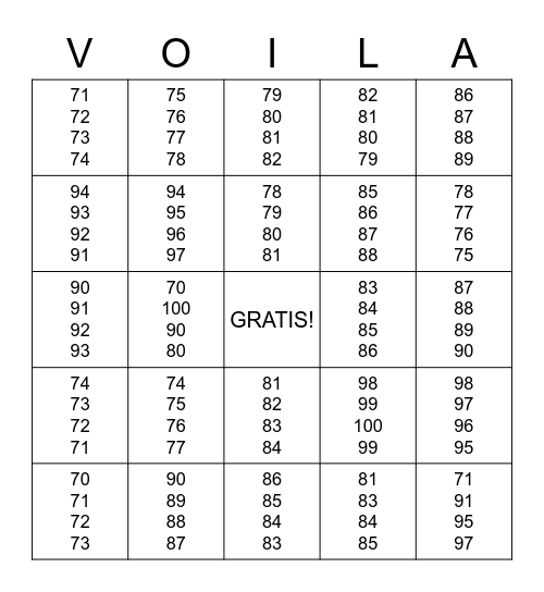 French Numbers Bingo 70-100 Bingo Card