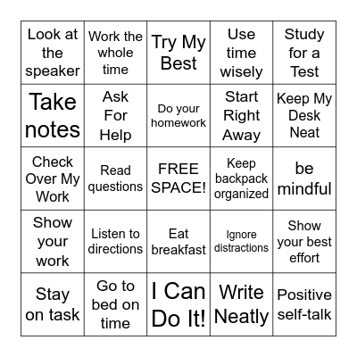 Study Skills BINGO Card
