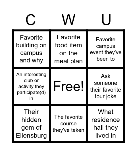 CWU Ambassador Bingo Card