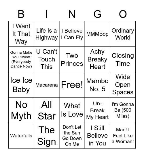 Music Bingo - 90s Bingo Card