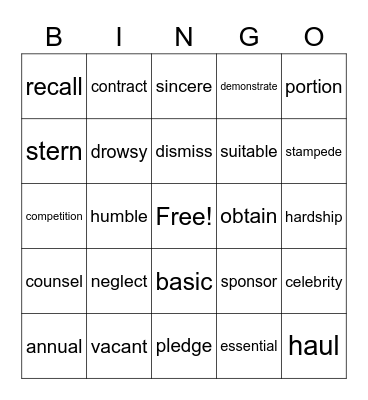 Vocabulary weeks 1and 2 Bingo Card