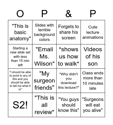 Fav Class Bingo Card