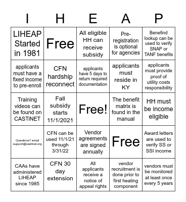 LIHEAP Bingo Card