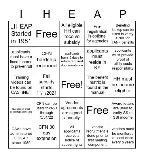 LIHEAP Bingo Card