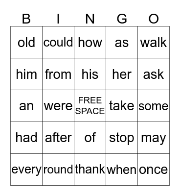 Grade 1 Bingo Card