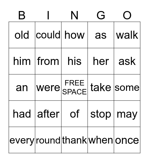 Grade 1 Bingo Card