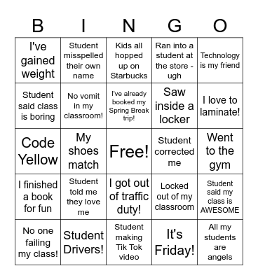 SVA Back to School Bingo Card