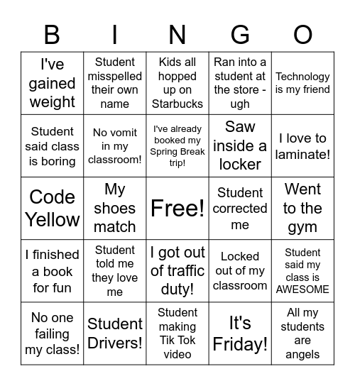 SVA Back to School Bingo Card