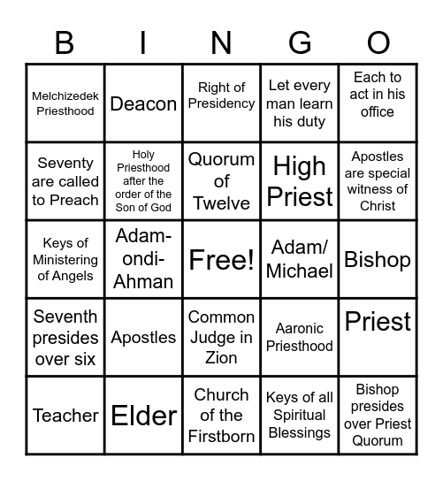 Doctrine & Covenants 107 - Priestood Bingo Card