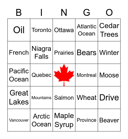Canada Bingo Card