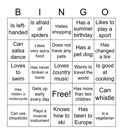 Icebreaker Bingo Card