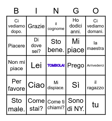 I Saluti Bingo Card