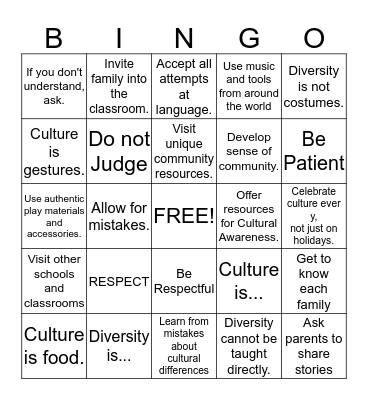 Cultural Bingo Card