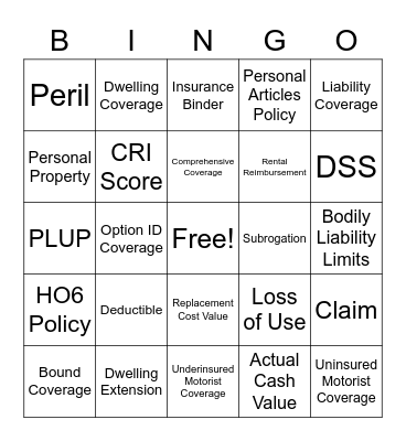Insurance Bingo Card